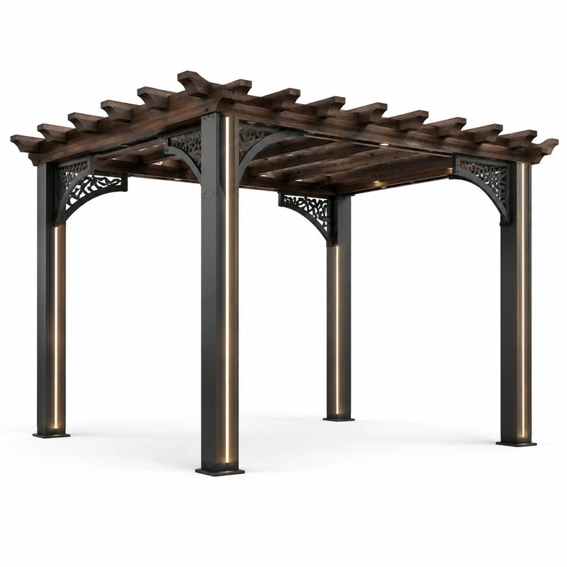 Pérgola de madera y metal con luces LED para exterior