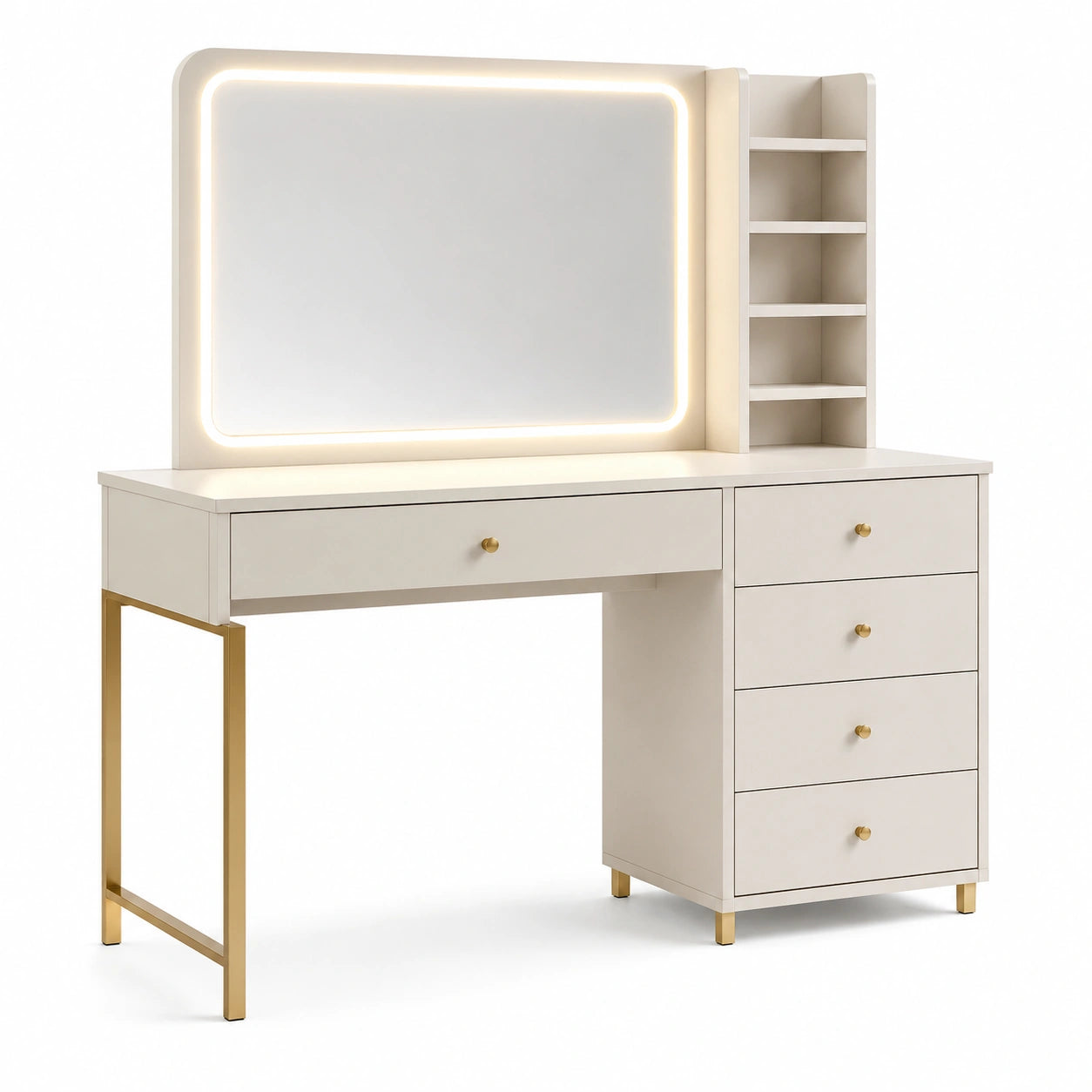 Tocador de MDF con espejo LED y metal dorado, 120 cm