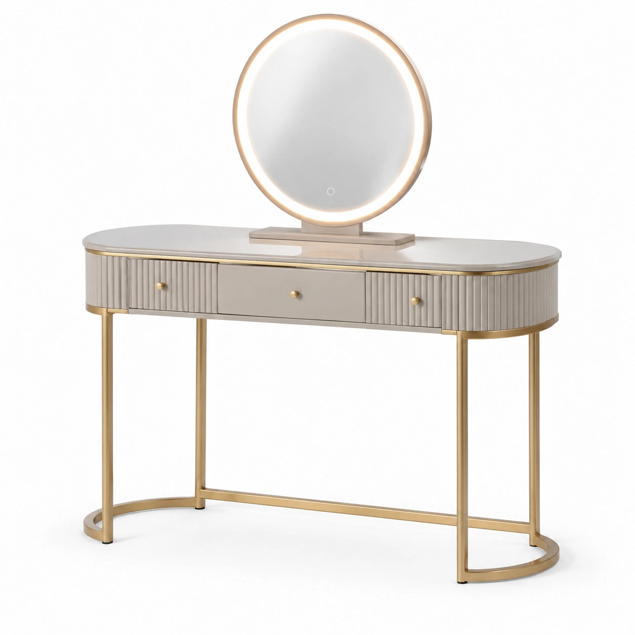 Tocador de MDF y Acero con Espejo LED Redondo Beige y Dorado
