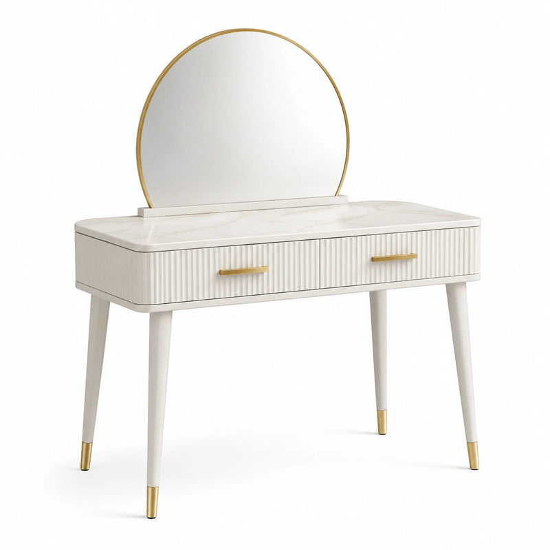 Tocador de MDF con espejo redondo blanco y dorado 80 cm
