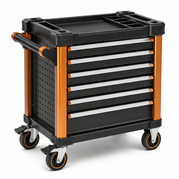 Carro de herramientas de metal con 6 cajones y ruedas bloqueables 53x33x73 cm negro y naranja