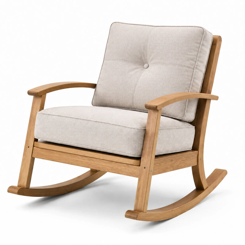 Silla mecedora de madera con tapizado de poliéster beige
